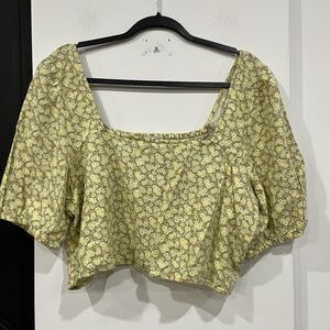 BP Floral Linen Blend Square Neck Crop Top Puff Sleeve Plus Size 1X